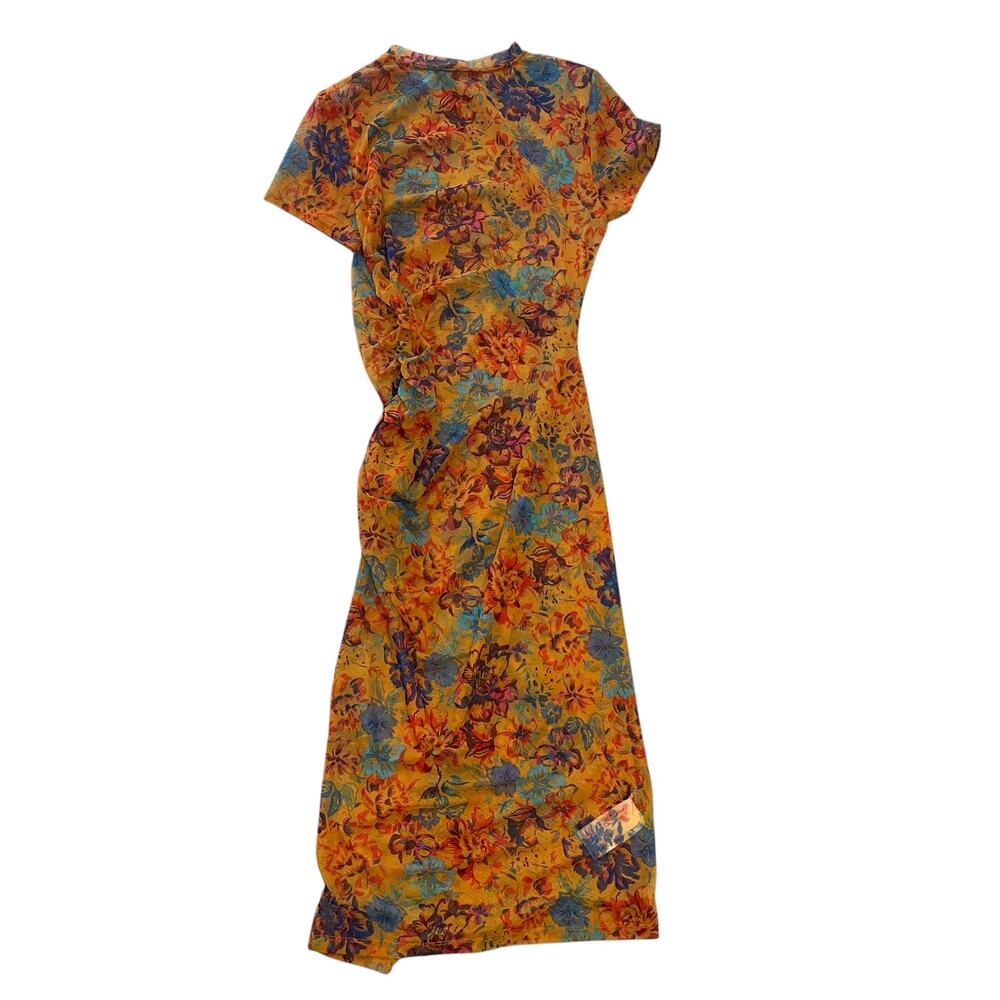 BCBGMAXAZRIA Floral Orange Sheath Dress Short Sleeve Side Ruched SZ M - Picture 5 of 6